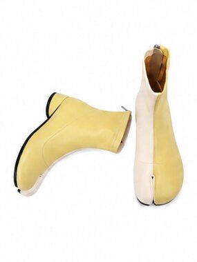 Split Toe Ankle Boots Women Tabi shoes Low Chunky Heels Bootie-Beige & Yellow